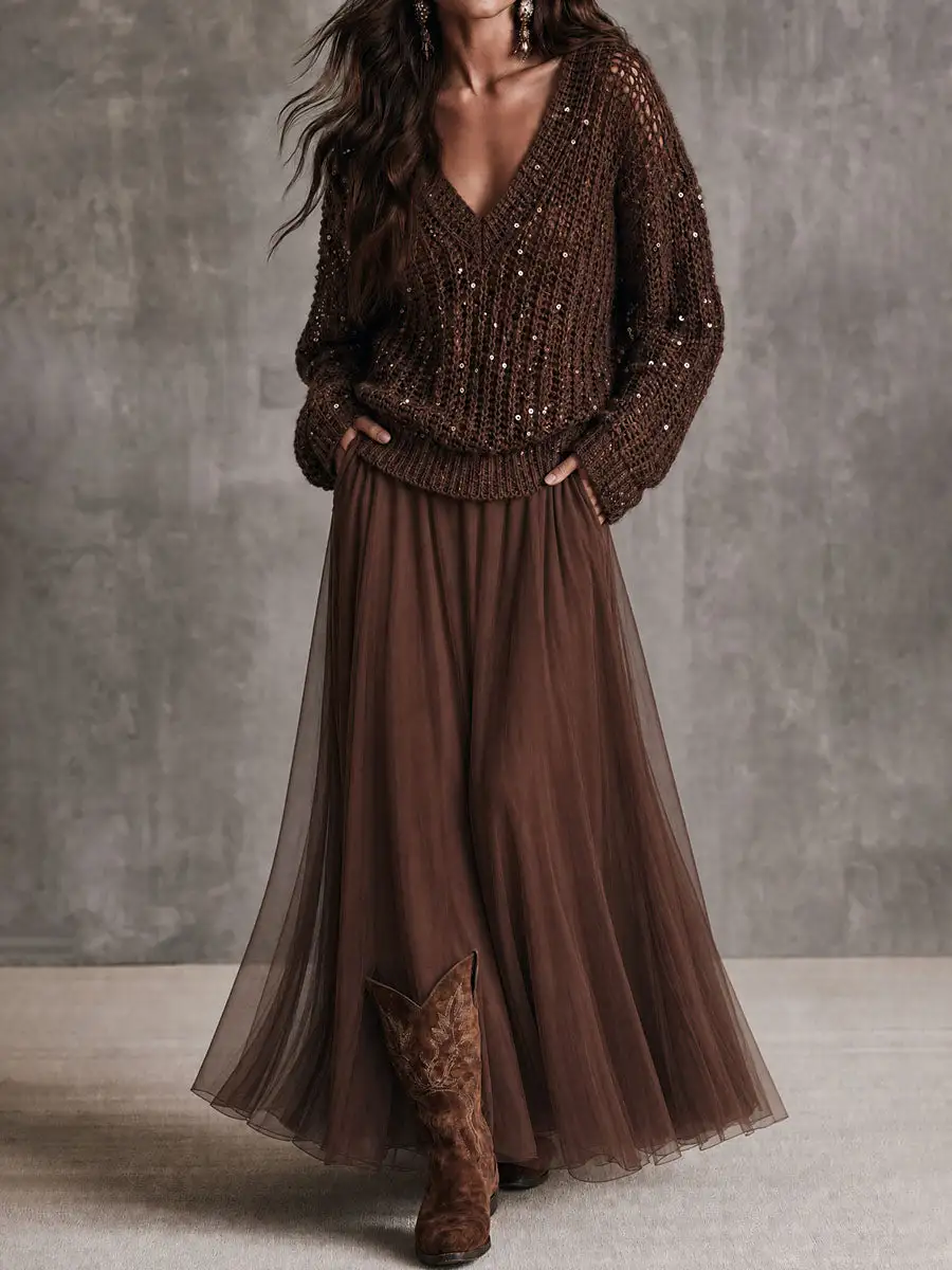 Boho Elegant Chocolate Brown High Waist Tulle Maxi Skirt