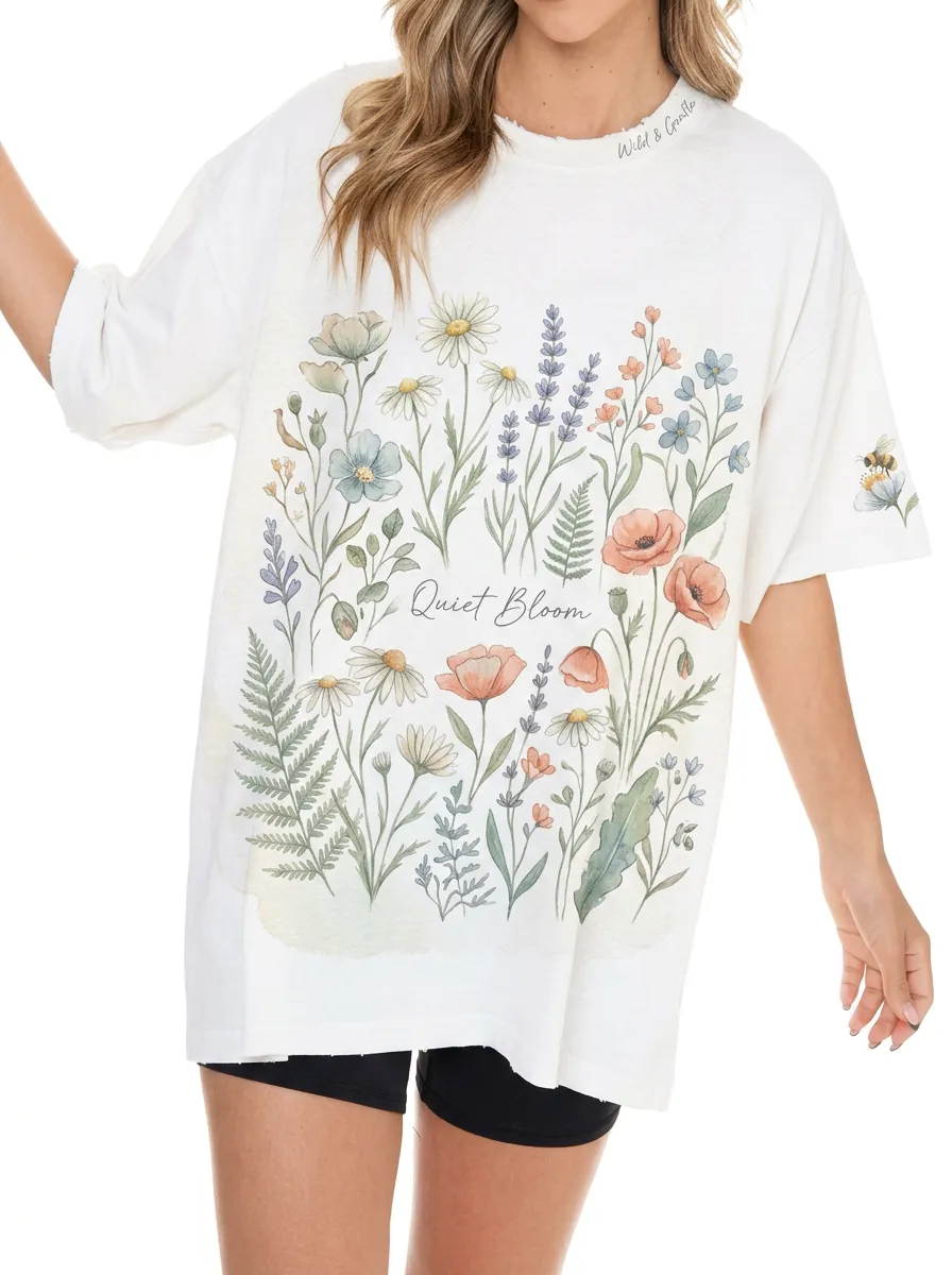Women's Quiet Bloom Wildflower Bee Printed T-shirt