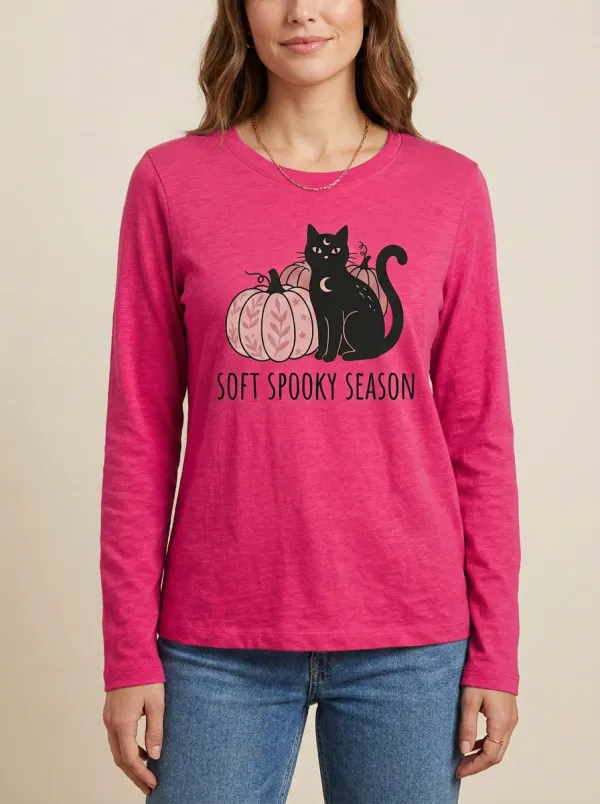 Halloween-Night Pumpkin -Cat Halloween Cotton Linen Long Sleeve Top