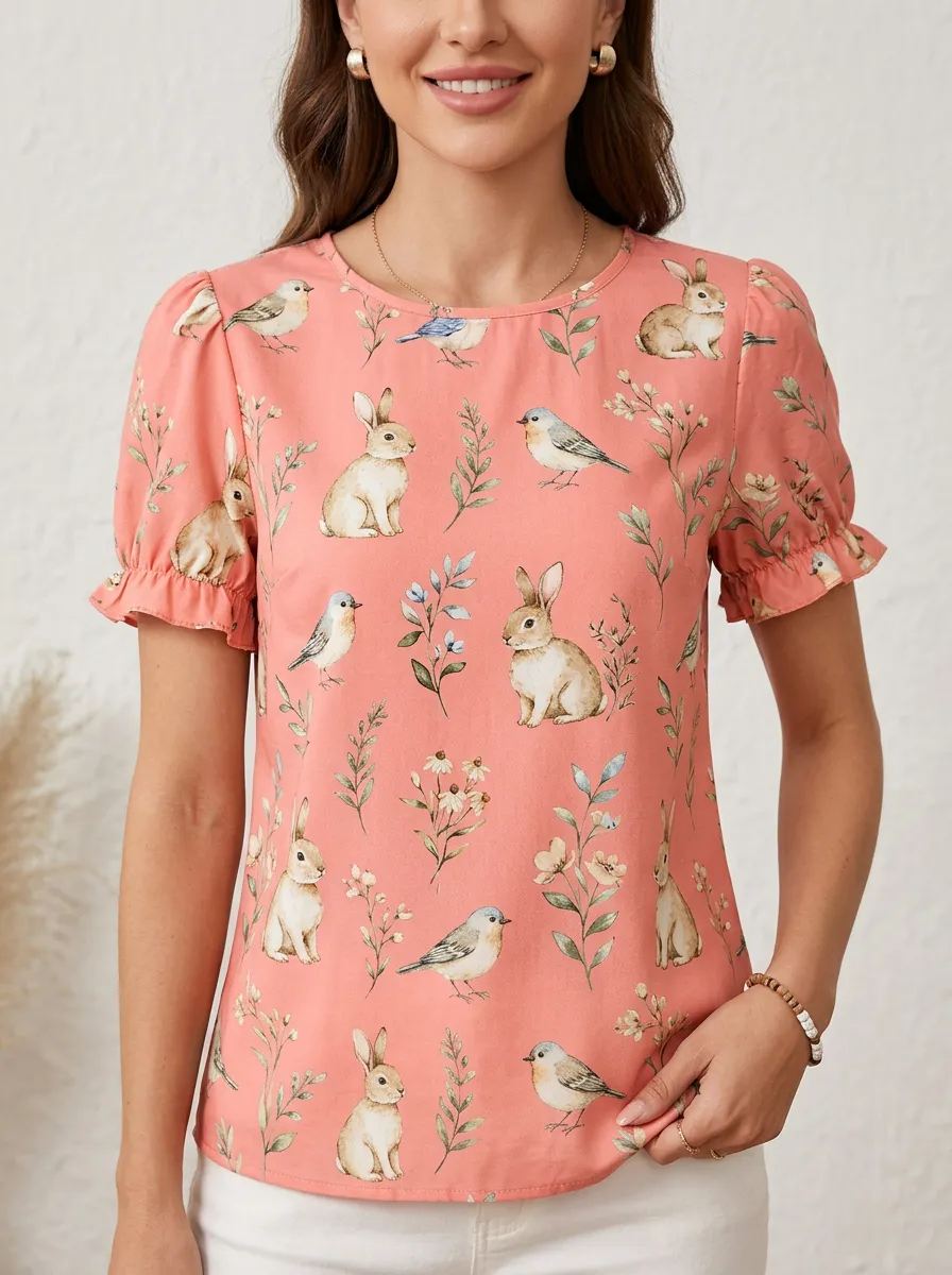 Bird Rabbit Floral Women's Loose Printed T-Shirt