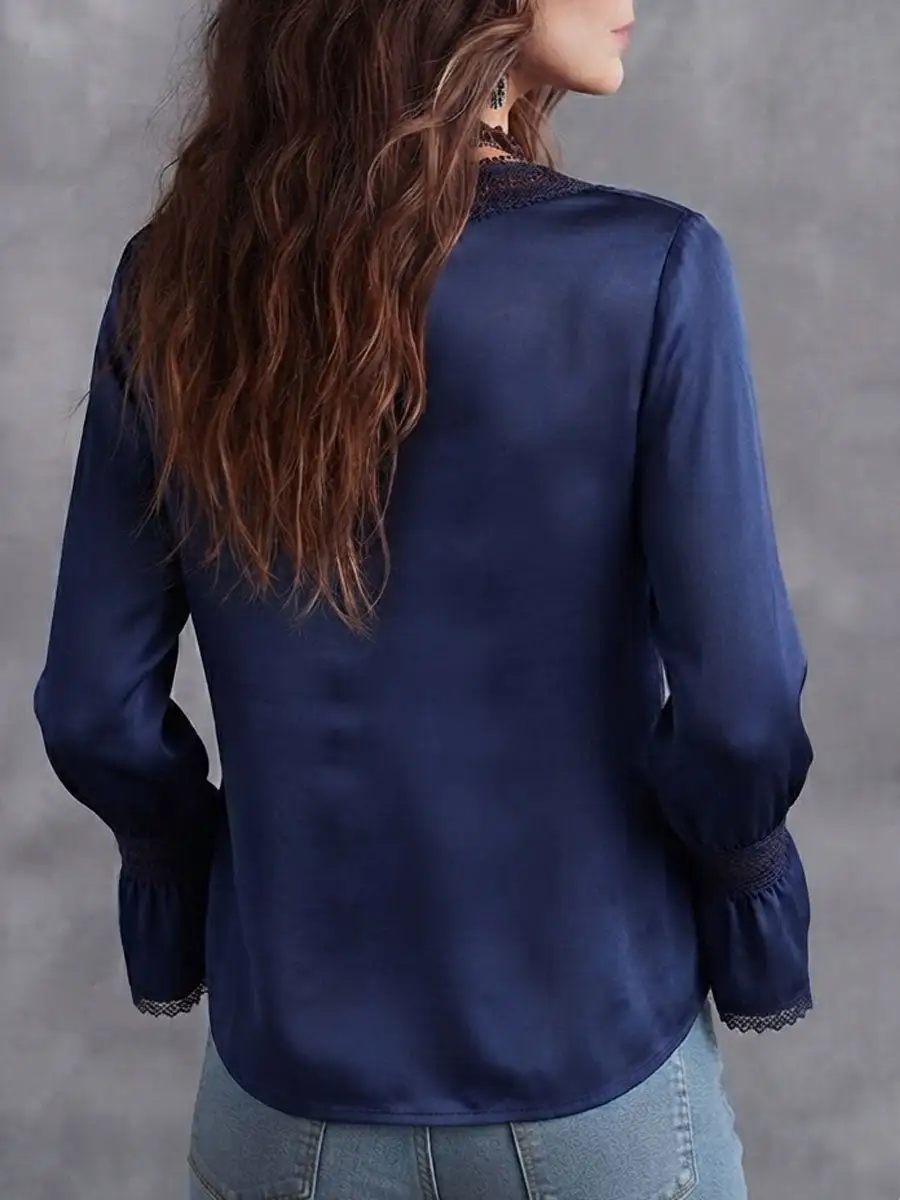Boho Navy Satin Lace Trim Flare Long Sleeve Blouse