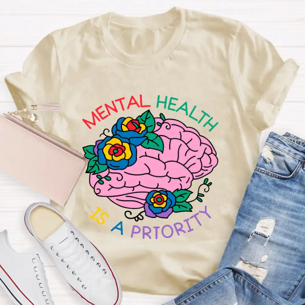 Mental Health Is A Priority Floral Brain T-Shirt