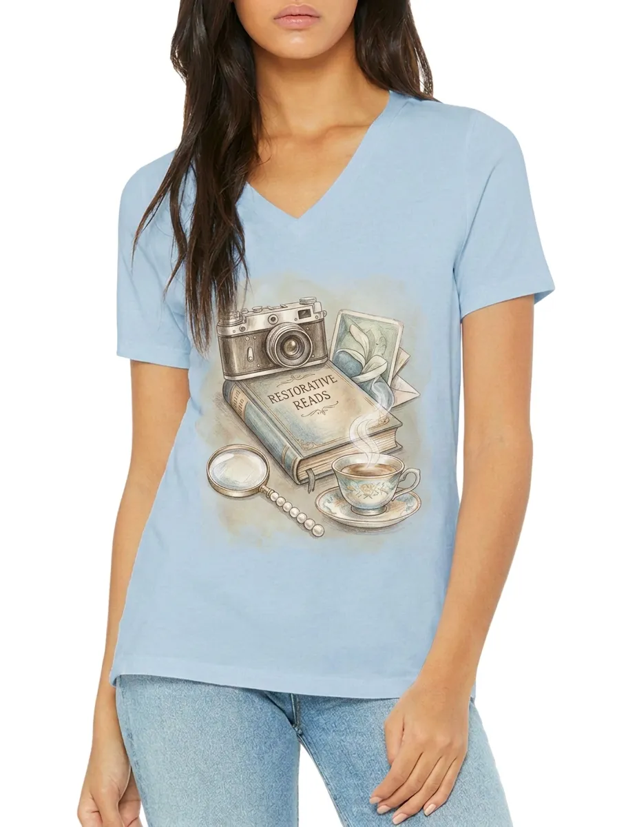 Women's Book Lover Restorative Reads Camera Coffee Printed V-neck T-shirt