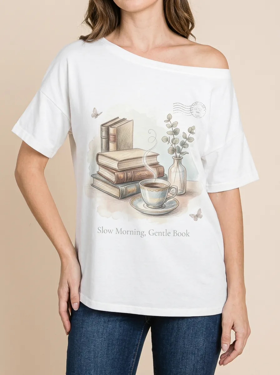 Women's Book Lover Coffee Stack Printed T-shirt