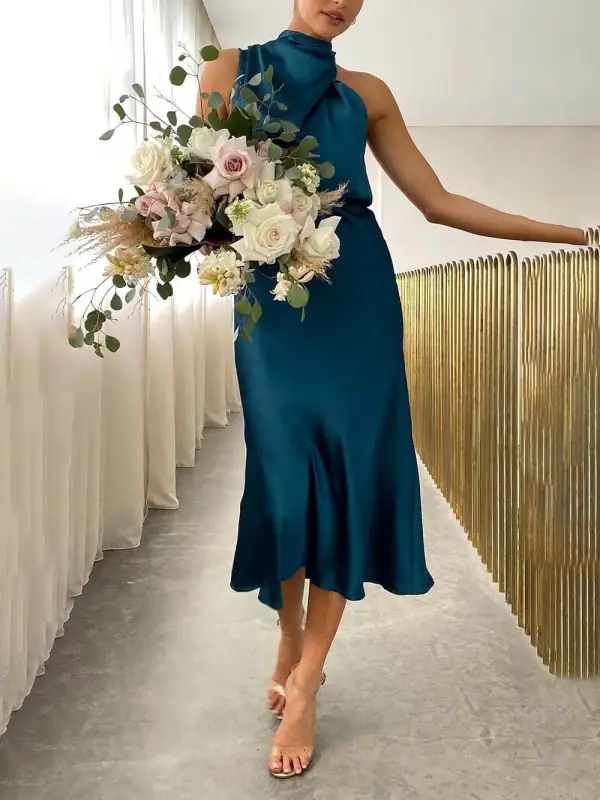 Bridesmaid Sleeveless High Neck Dresses Midi Dress