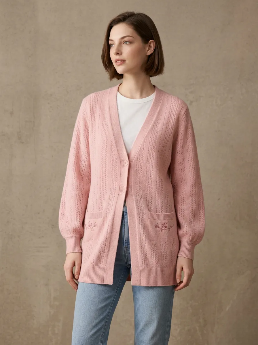 Women's Pink Floral Embroidered V-Neck Buttoned Casual Cardigan