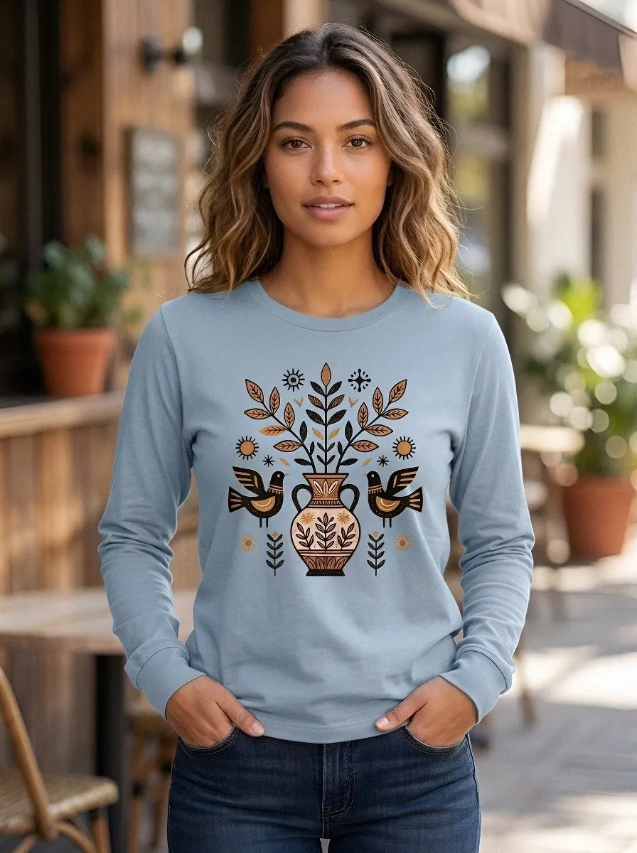 Women's Folk Art Bird and Vase Printed Long Sleeve Top