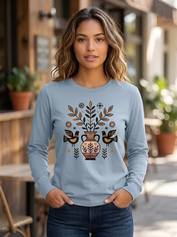 Women's Folk Art Bird and Vase Printed Long Sleeve Top