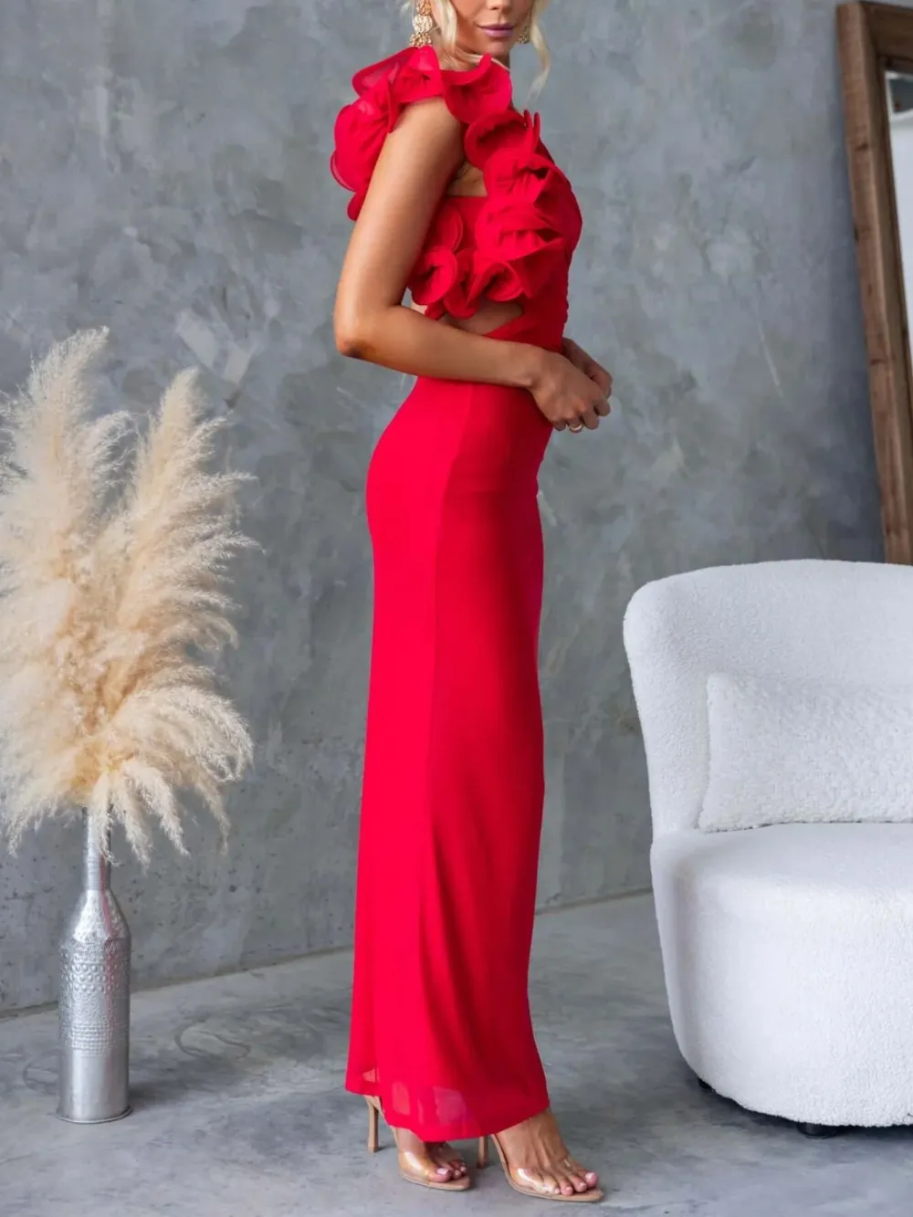 Ruched One-Shoulder Sleeveless Floral Maxi Dress
