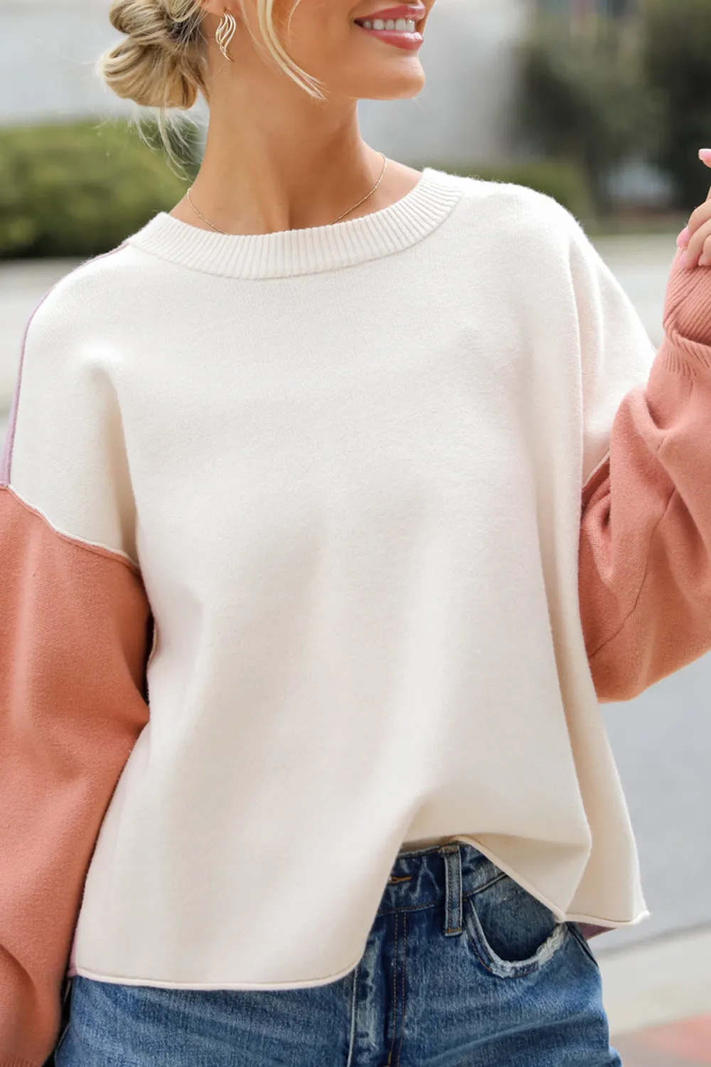 Cream Color Block Sweater
