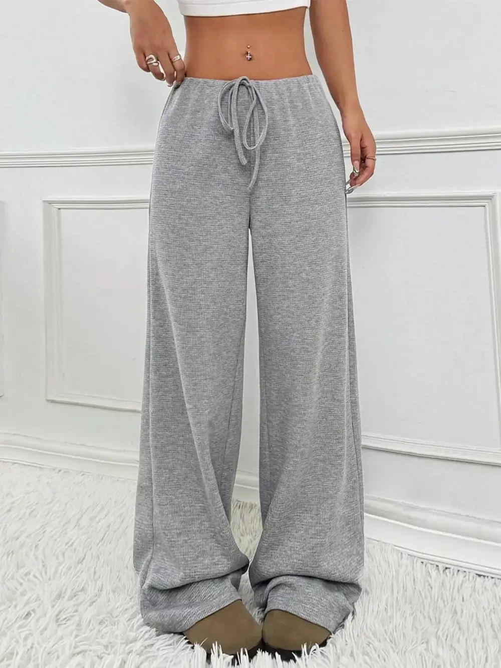 Striped Ribbed Knit Drawstring Waist Wide Leg Pants