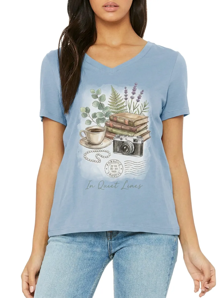 Women's Book Lover Coffee Camera Botanical Printed V-neck T-shirt