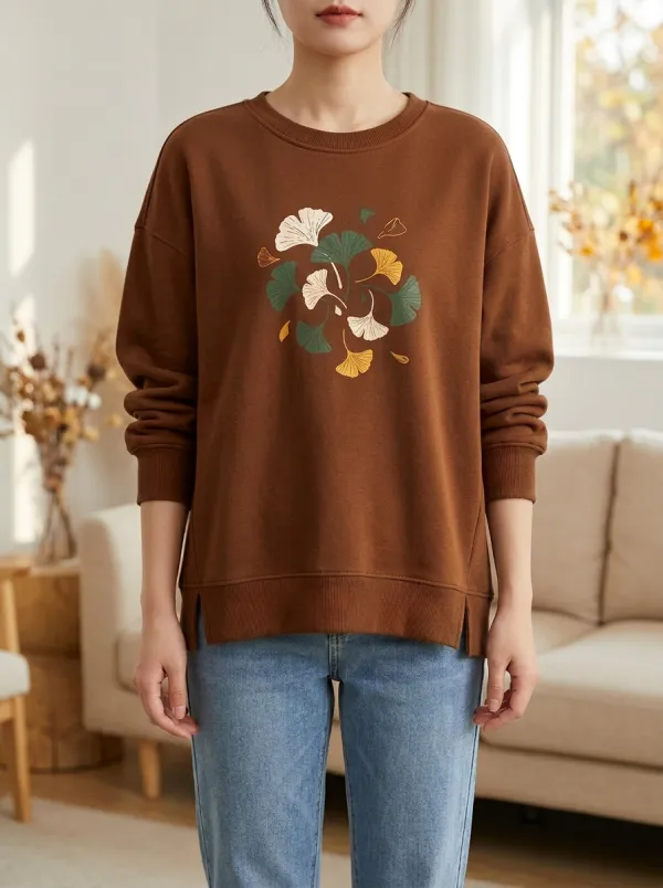 Classic Ginkgo-Leaf Printed Leaf-Motif Graphic Sweatshirt