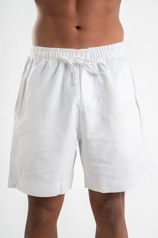 White Linen Blend Pull On Shorts