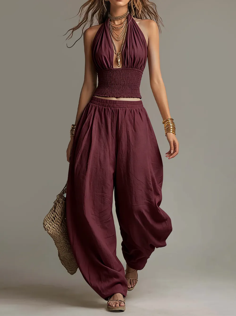 Bohemian Cotton-Linen Halter Smocked Crop Top & Harem Pants Two-Piece Set