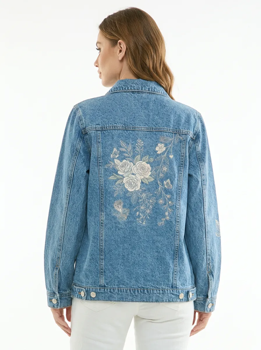 Women's Floral Butterfly Botanical Printed Denim Jacket