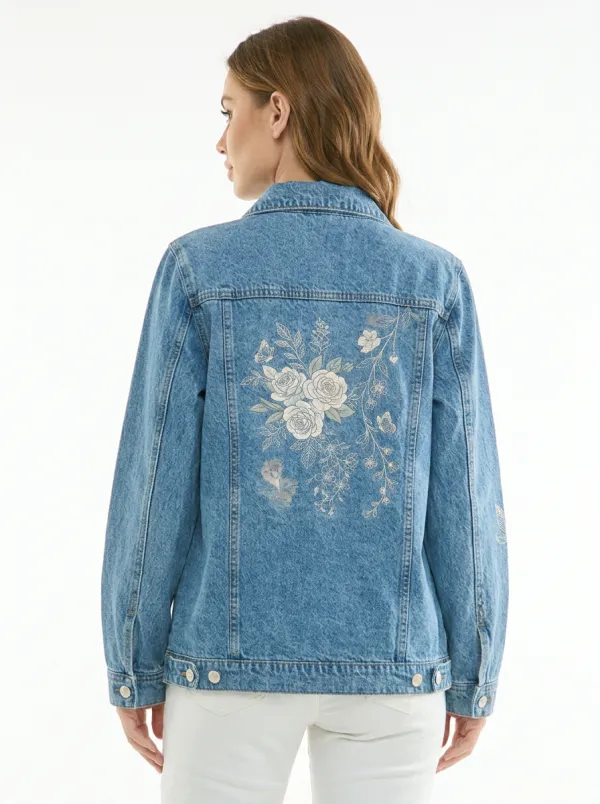 Women's Floral Butterfly Botanical Printed Denim Jacket