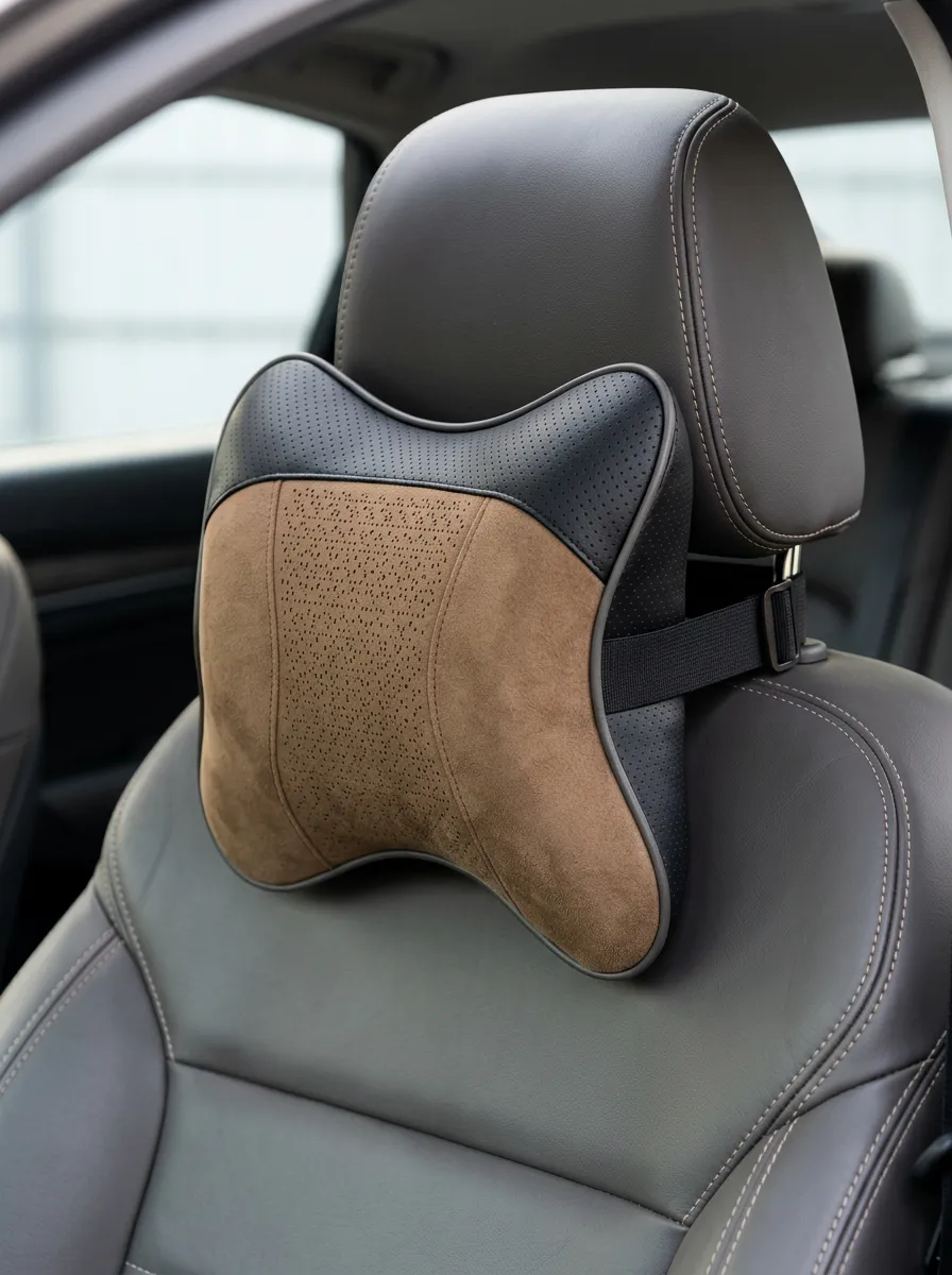 Suede-Look Leather-Texture Car Neck Support Pillow