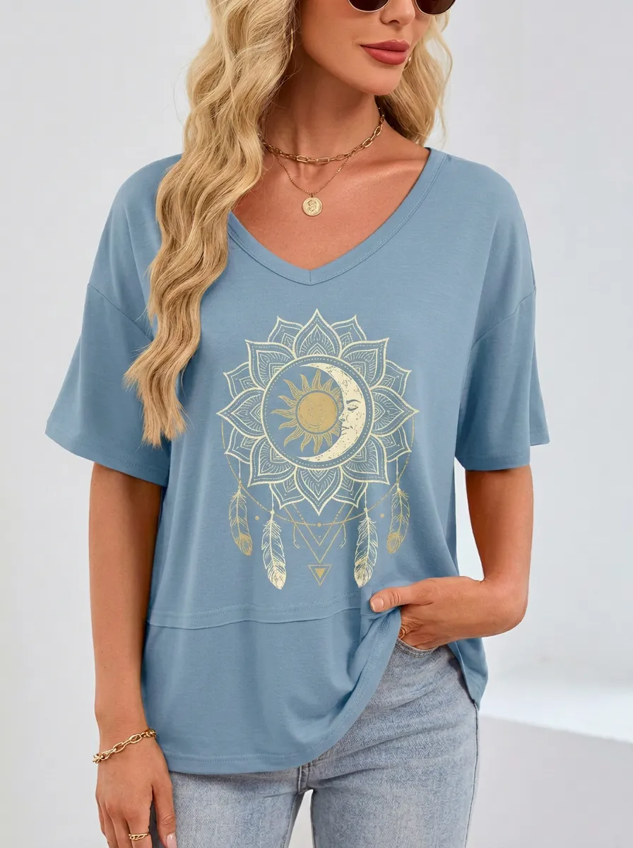 Women's Boho Celestial Sun Moon Feather Mandala Printed T-shirt