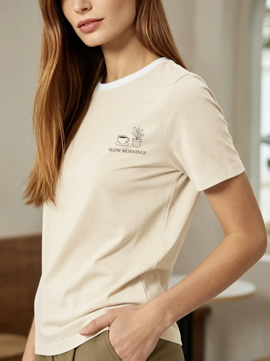 Women's Coffee Plant Lover Slow Mornings Printed T-shirt