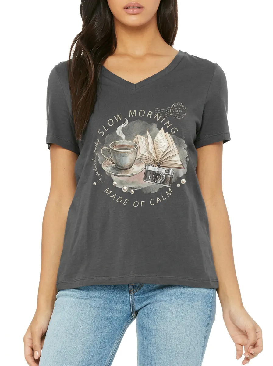 Women's Coffee Book Camera Slow Morning Printed V-neck T-shirt