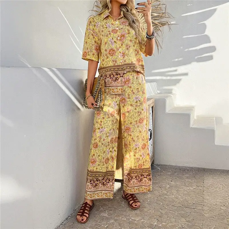 Floral Short Sleeve Cardigan Pants Set