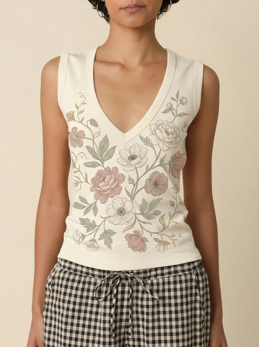 Women's Floral Botanical Garden Printed V-Neck Tank Top
