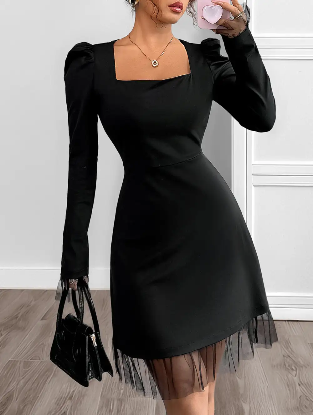Square Neck Puff Sleeve A Line Mini Dress