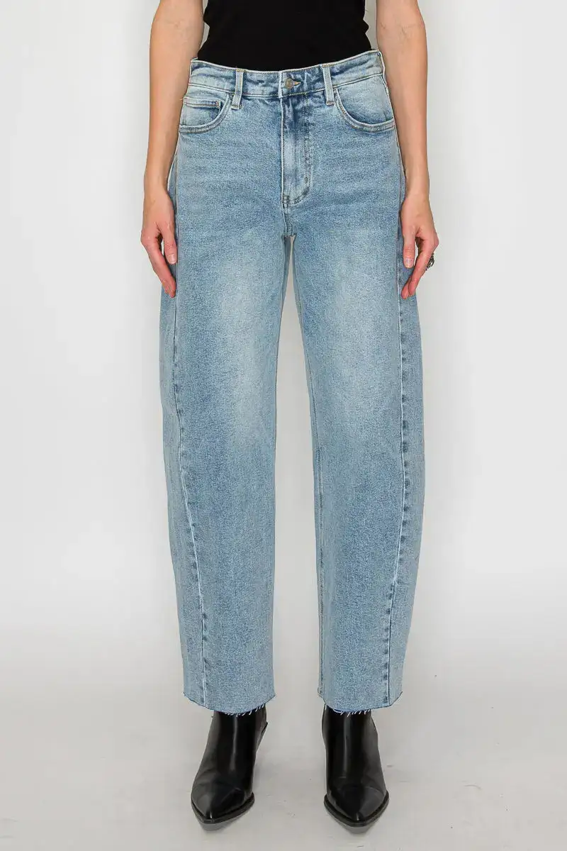 High Waist Vintage Style Barrel Leg Cropped Raw Hem Denim Jeans
