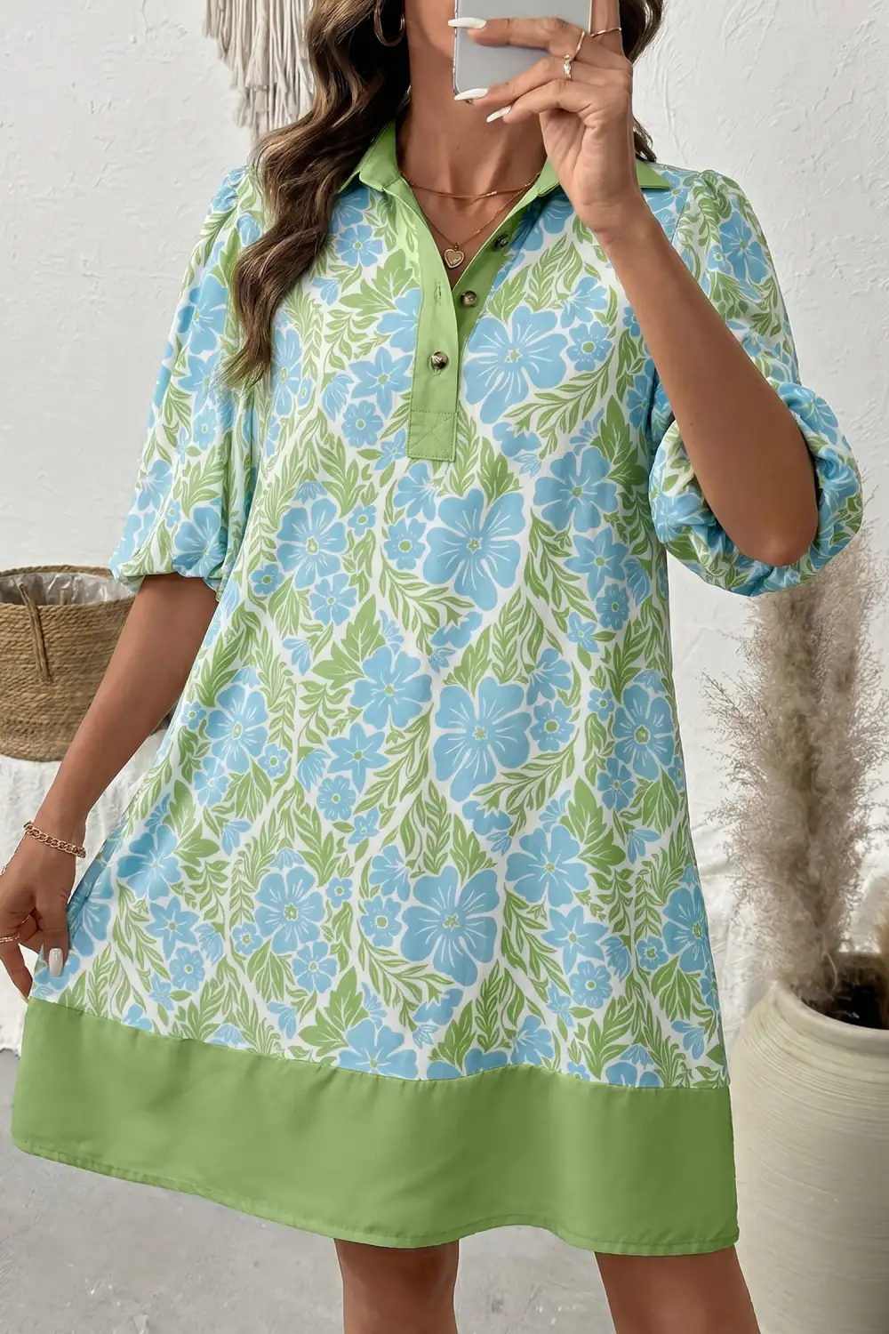 Floral Mixed Panel Collared Mini Dress