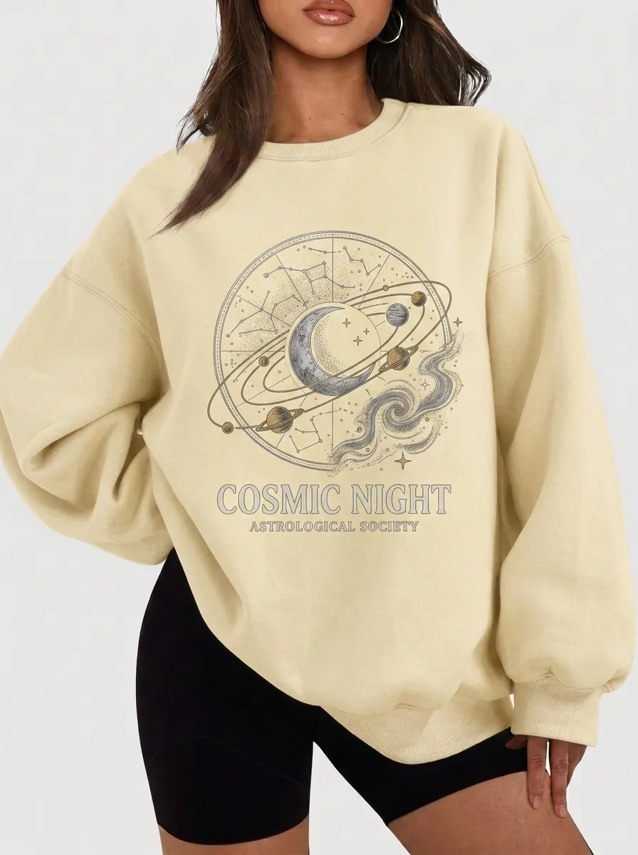 Women's Astrology Cosmic Night Moon Planet Printed T-shirt