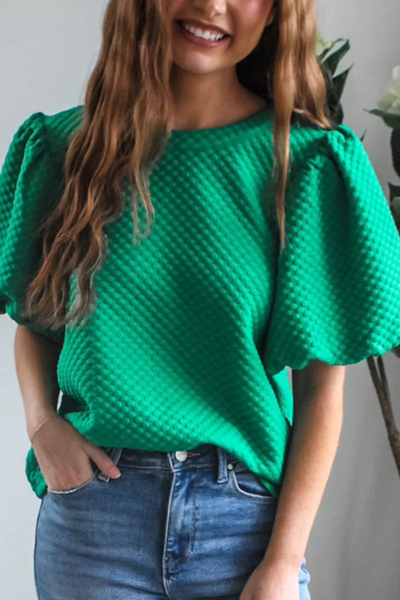 Textured Crew Neck Puff Sleeve Blouse
