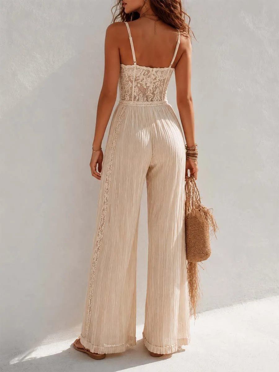 Bohemian Cream Lace Corset And Pleated Wide-Leg Jumpsuit