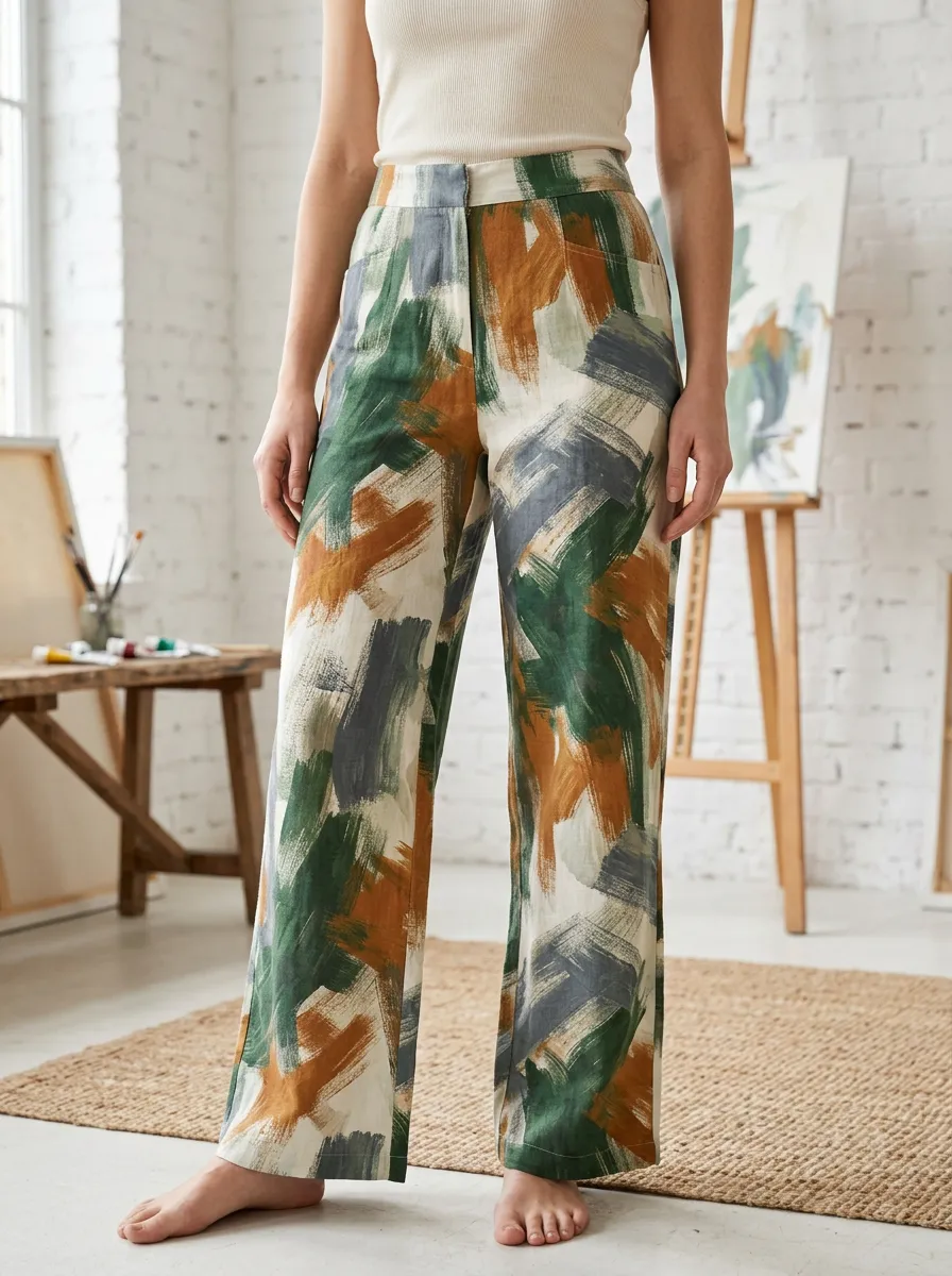 Women's Relaxed Abstract Art Brushstroke Printed Wide Leg Pants