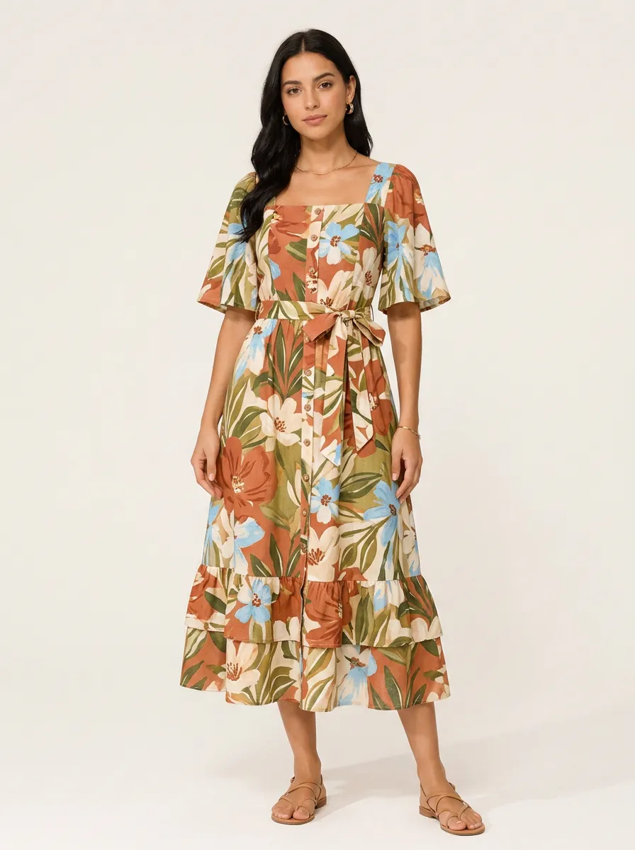 Women's Summer Casual Floral Botanical Printed Midi Dress