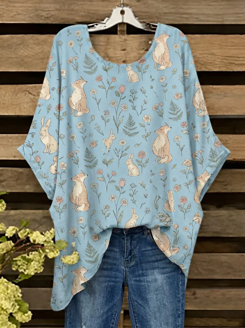 Rabbit Floral Woodland Women's Loose Printed T-Shirt