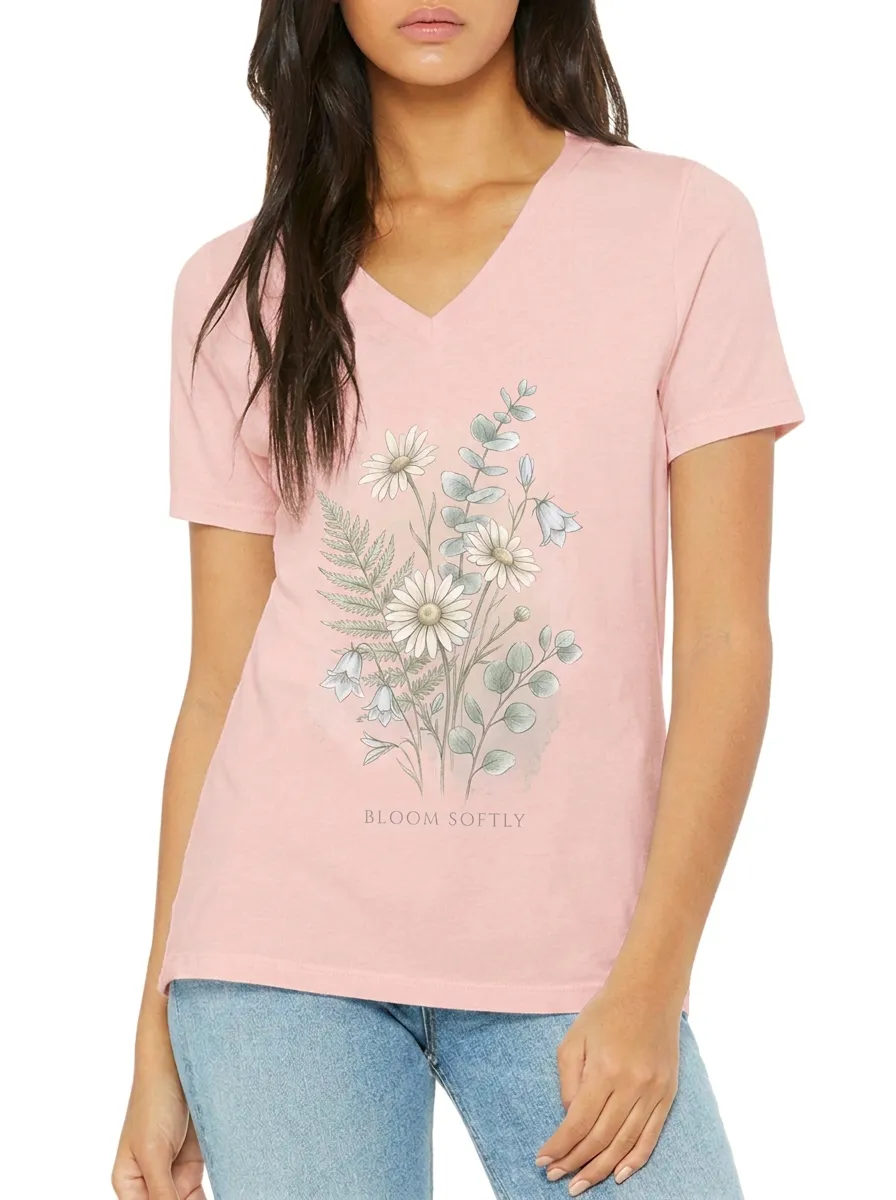 Women's Floral Nature Lover Bloom Softly Printed V-neck T-shirt