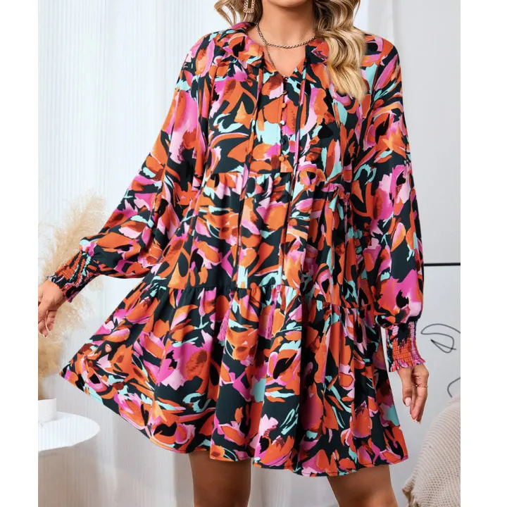 Tie Neck Lantern Sleeve Mini Dress