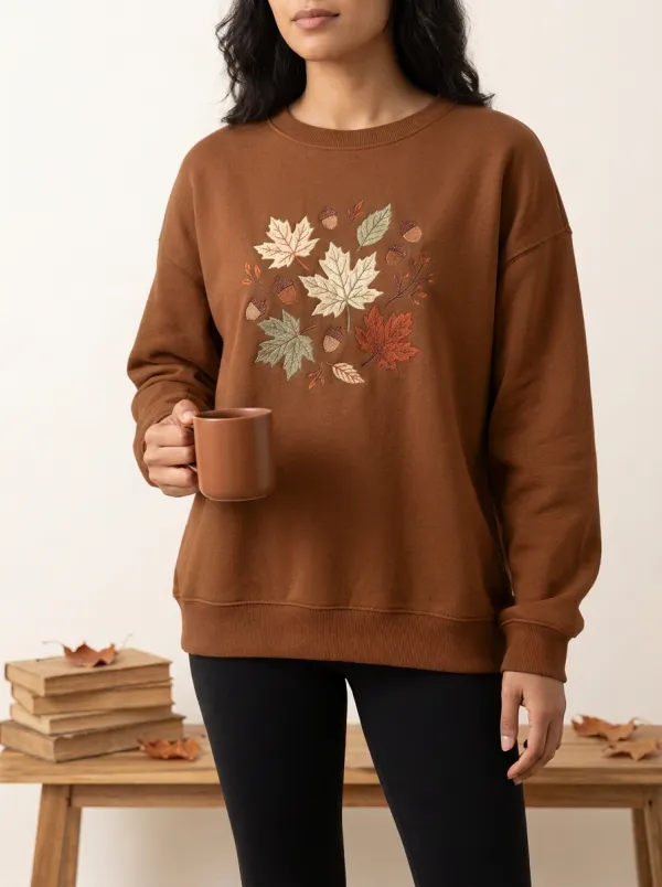 Layered Silhouette Maple-Leaf Printed Acorn Graphic Sweatshirt
