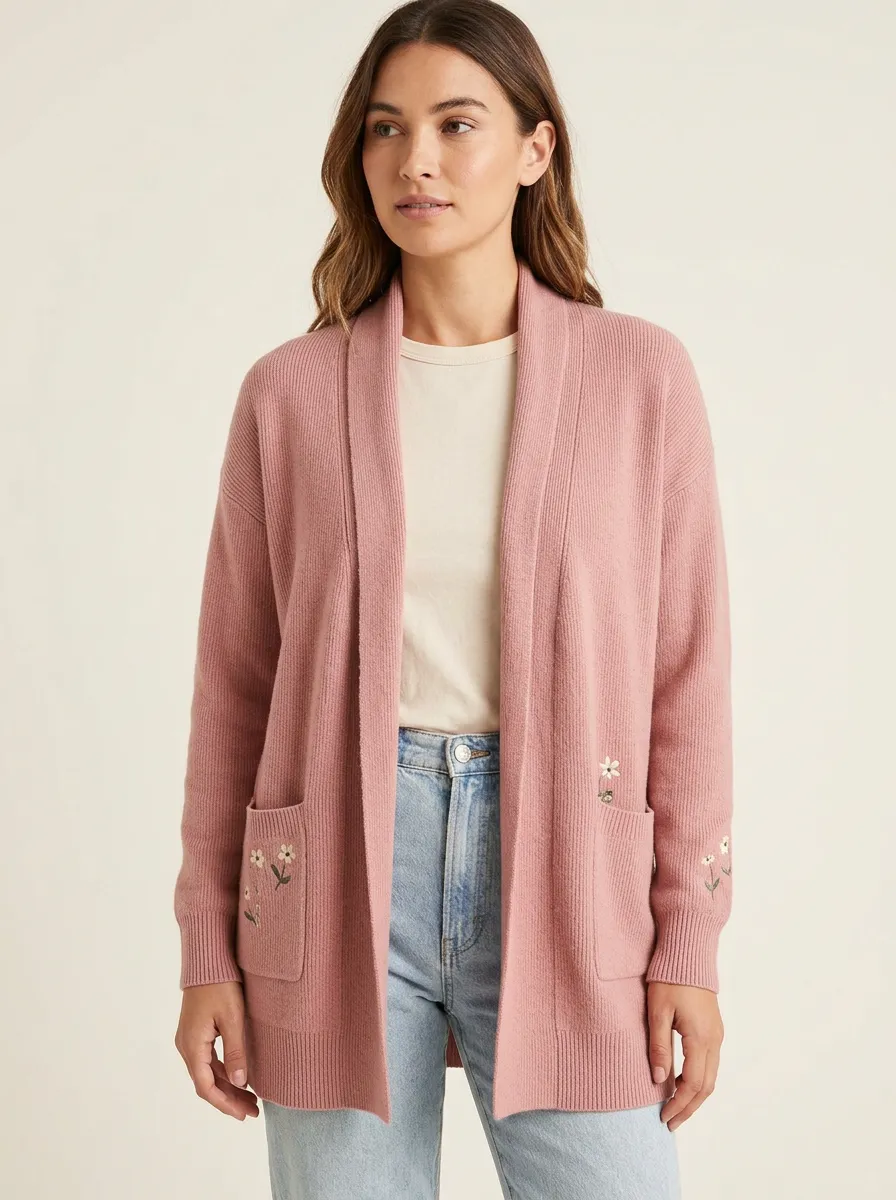 Pink Floral Embroidered Cardigan