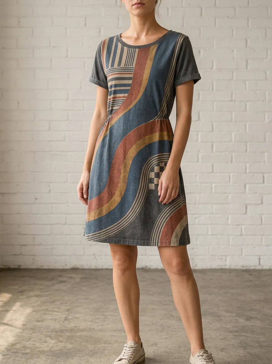 Women's Retro Geometric Abstract Stripe Printed Dress