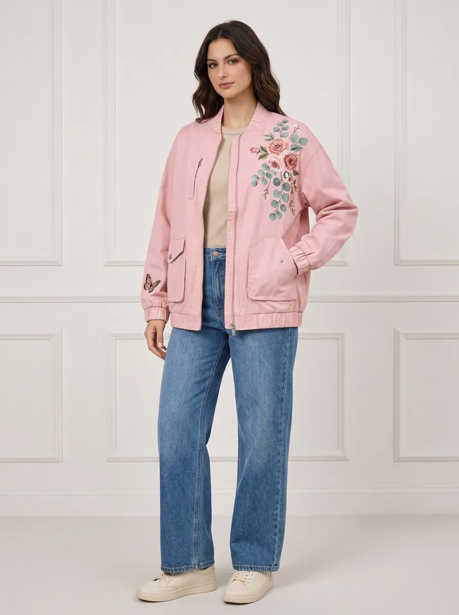 Women's Floral Butterfly Pink Embroidered Bomber Jacket