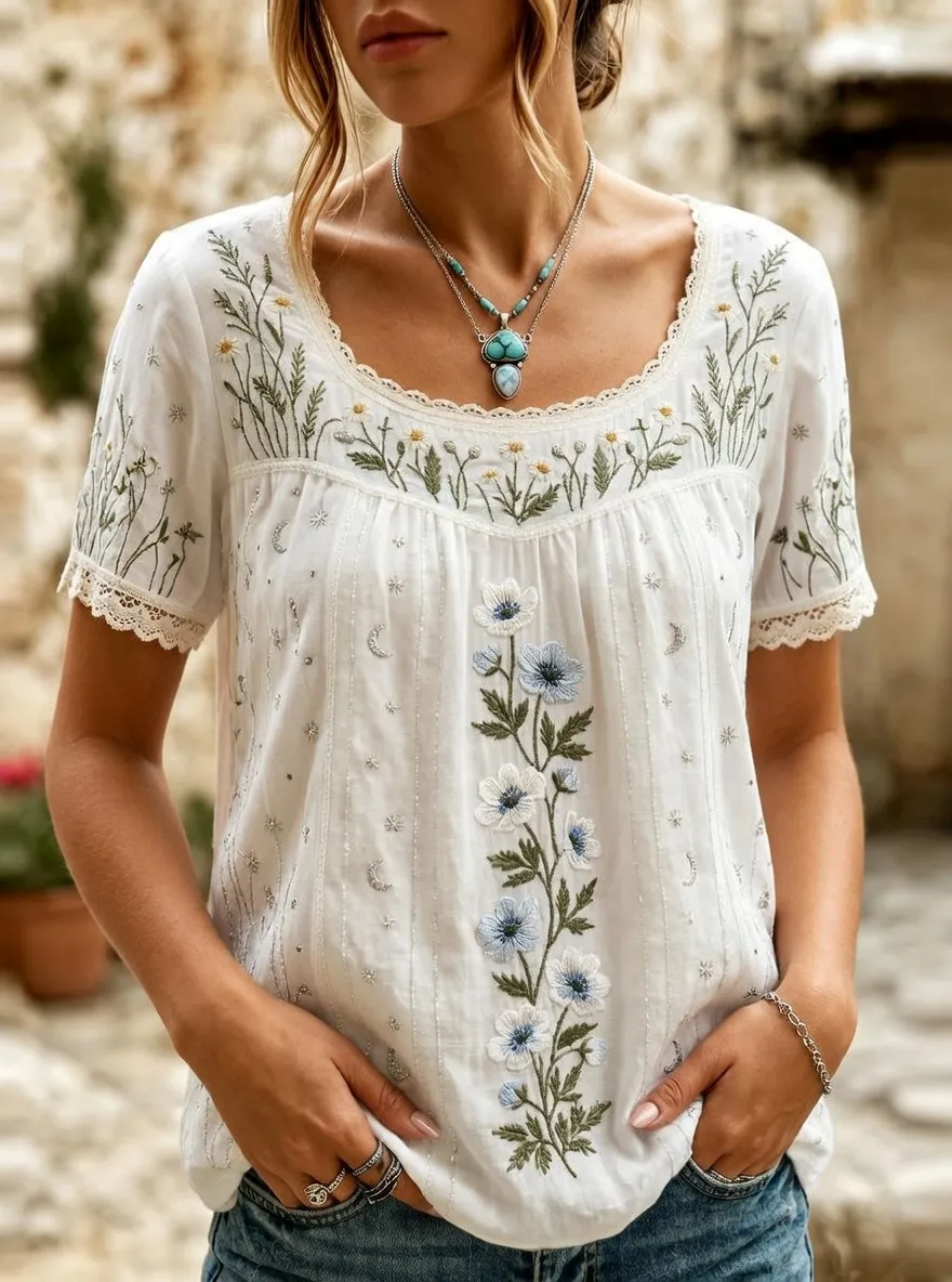 Women's Boho Floral Moon Celestial Embroidered Printed T-shirt