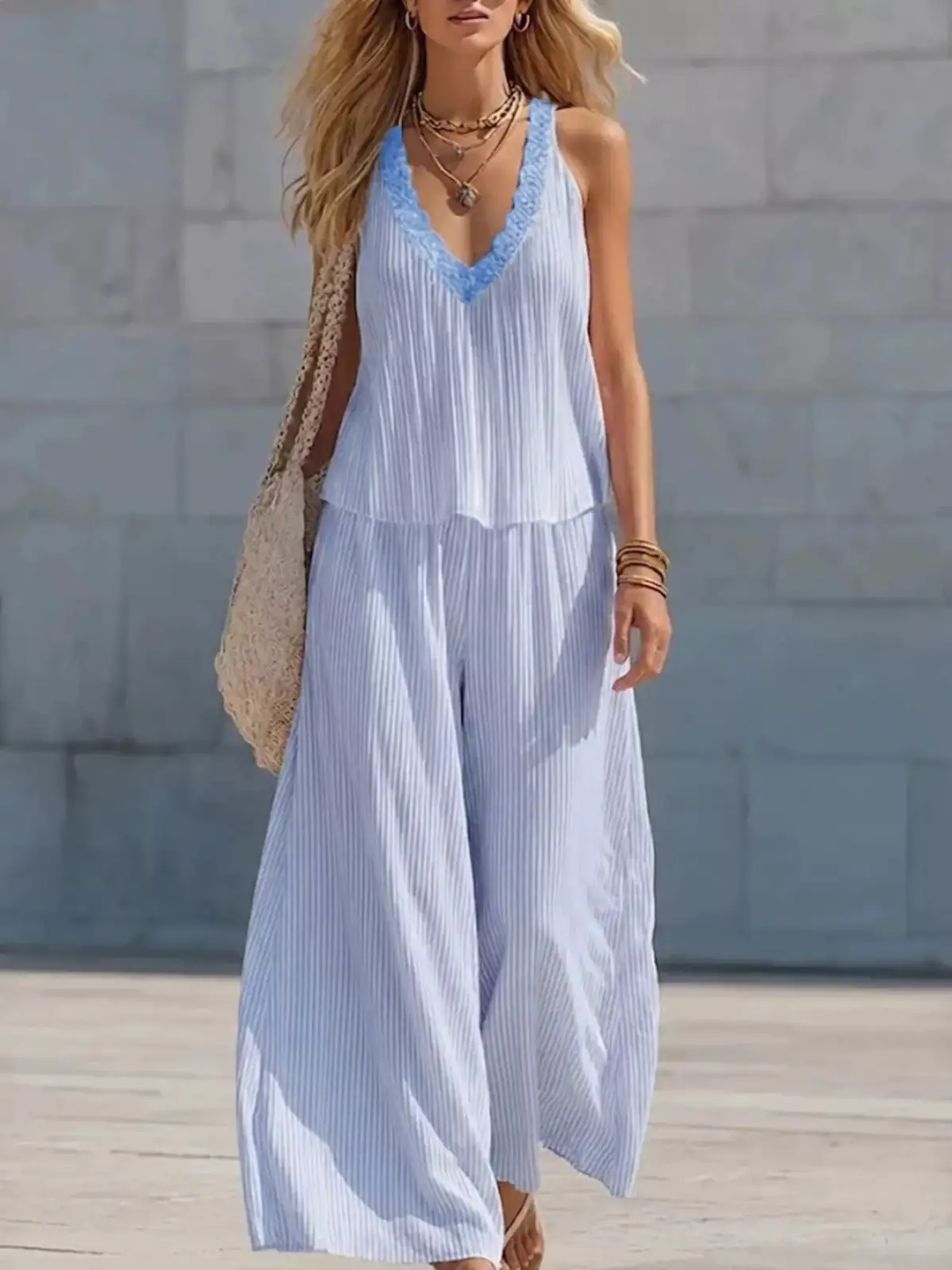 V-Neck Lace Striped Pants Matching Set