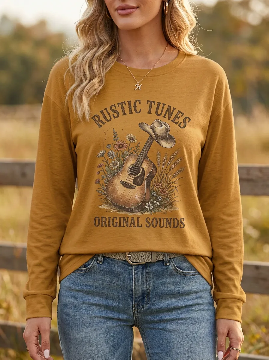 Western-Inspired Folk-Motif Women's Country Music Long-Sleeve Shirt