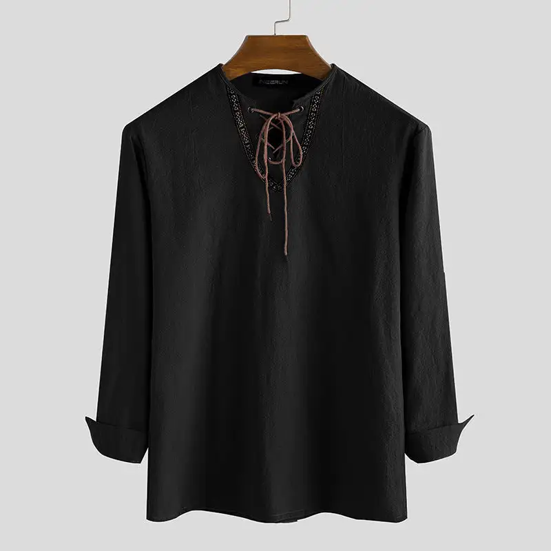 Men's Linen Tunic Shirt With Lacing And Ethnic Border