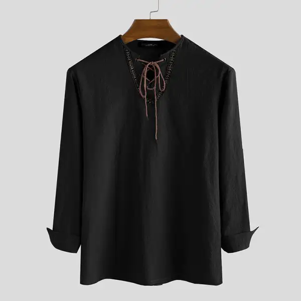 Men's Linen Tunic Shirt With Lacing And Ethnic Border
