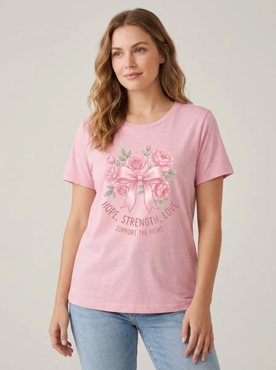Women's Breast Cancer Awareness Floral Ribbon Printed T-shirt