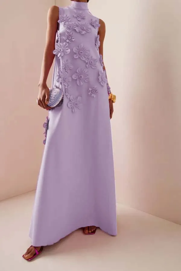 3D Floral High Neck Sleeveless Maxi Dress