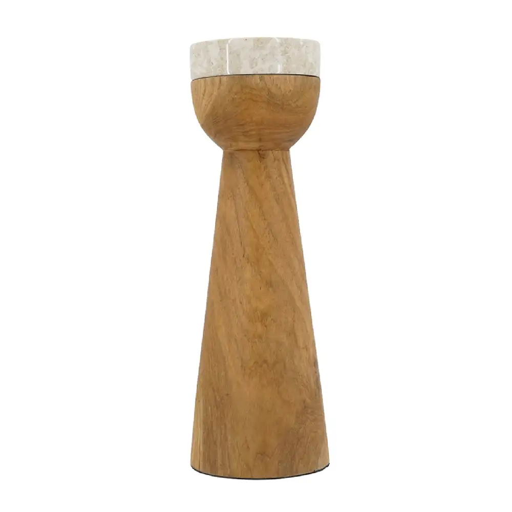 Sculptural Teak Wood and Marble Tapered Candle Holder